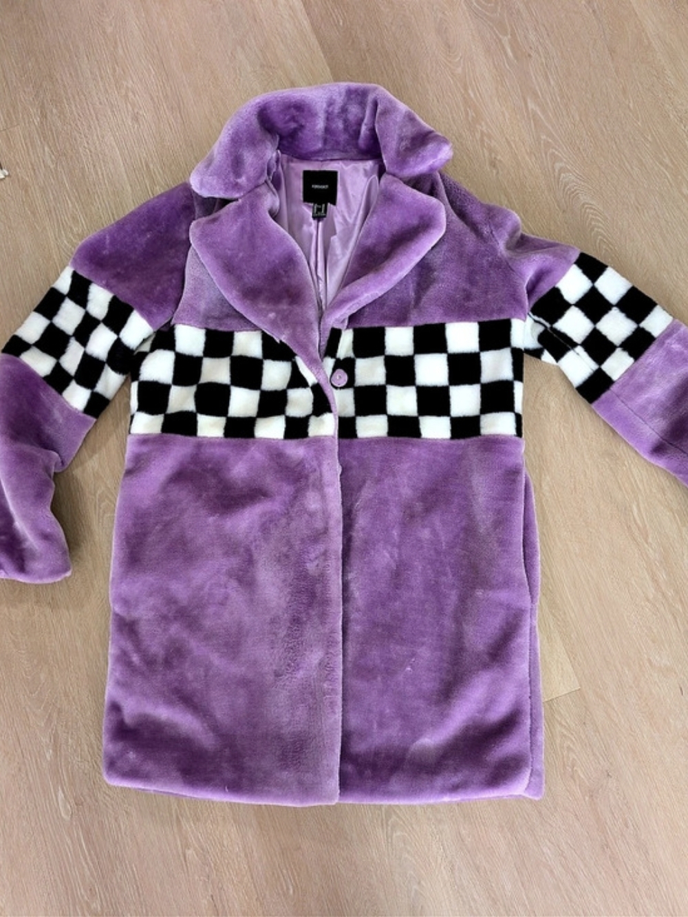 Forever 21 Purple Faux Fur Checkered Long Coat Unisex 
Woman's  Size M
